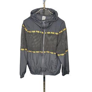 XS PINK Victoria's Secret Black Gold Logo Zip Mesh Hooded Windbreaker Jacket
